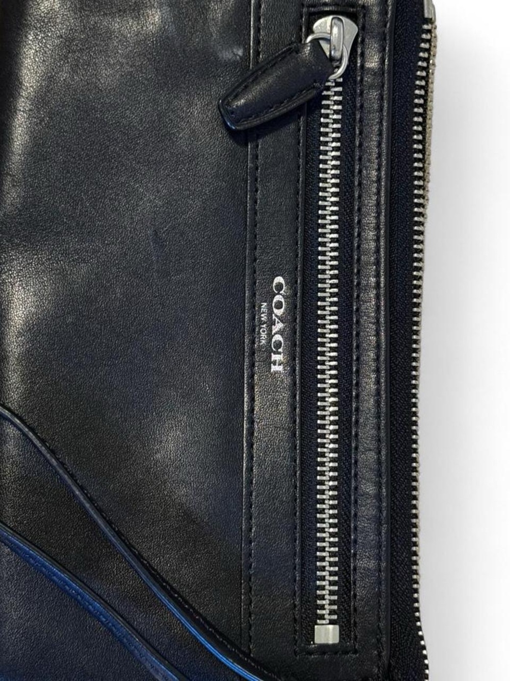 Coach Black Leather Zip Card & Key Holder with Silver-Tone Hardware
